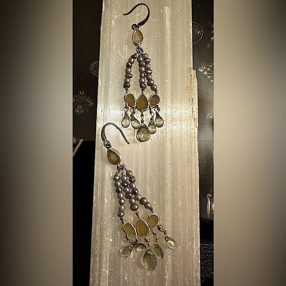 Chandelier earrings, silver with gray druzy, black pearls, & smoky crystals.